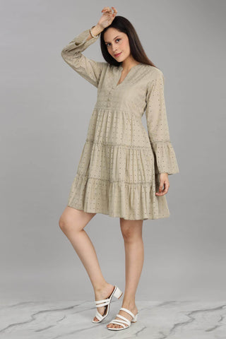 BulBul Women Beige Cotton Schiffli Solid Button Front Dress - BulBul