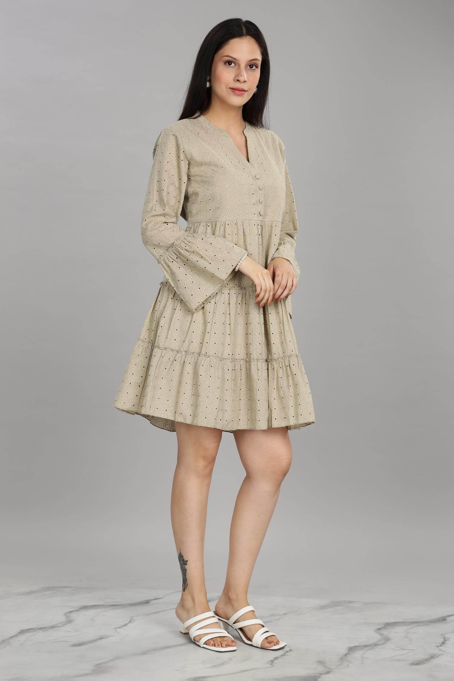 BulBul Women Beige Cotton Schiffli Solid Button Front Dress - BulBul