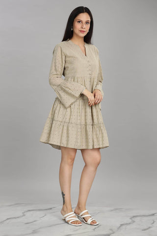 BulBul Women Beige Cotton Schiffli Solid Button Front Dress - BulBul