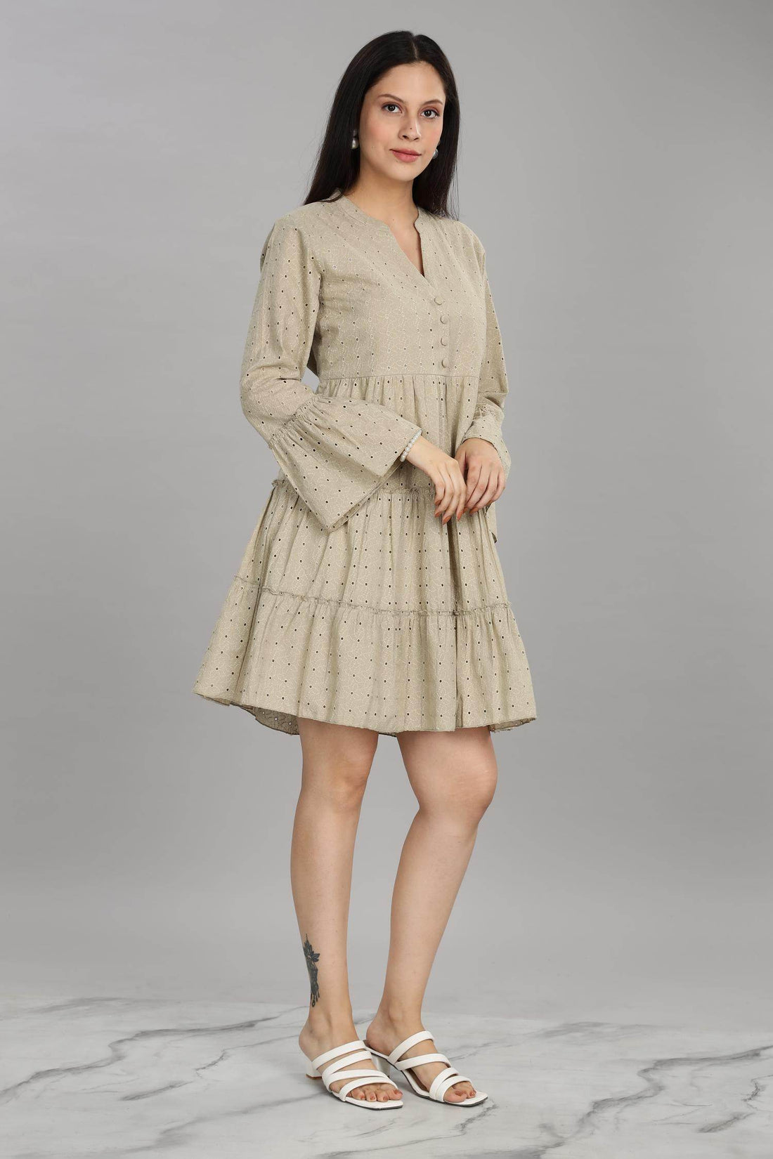 BulBul Women Beige Cotton Schiffli Solid Button Front Dress - BulBul