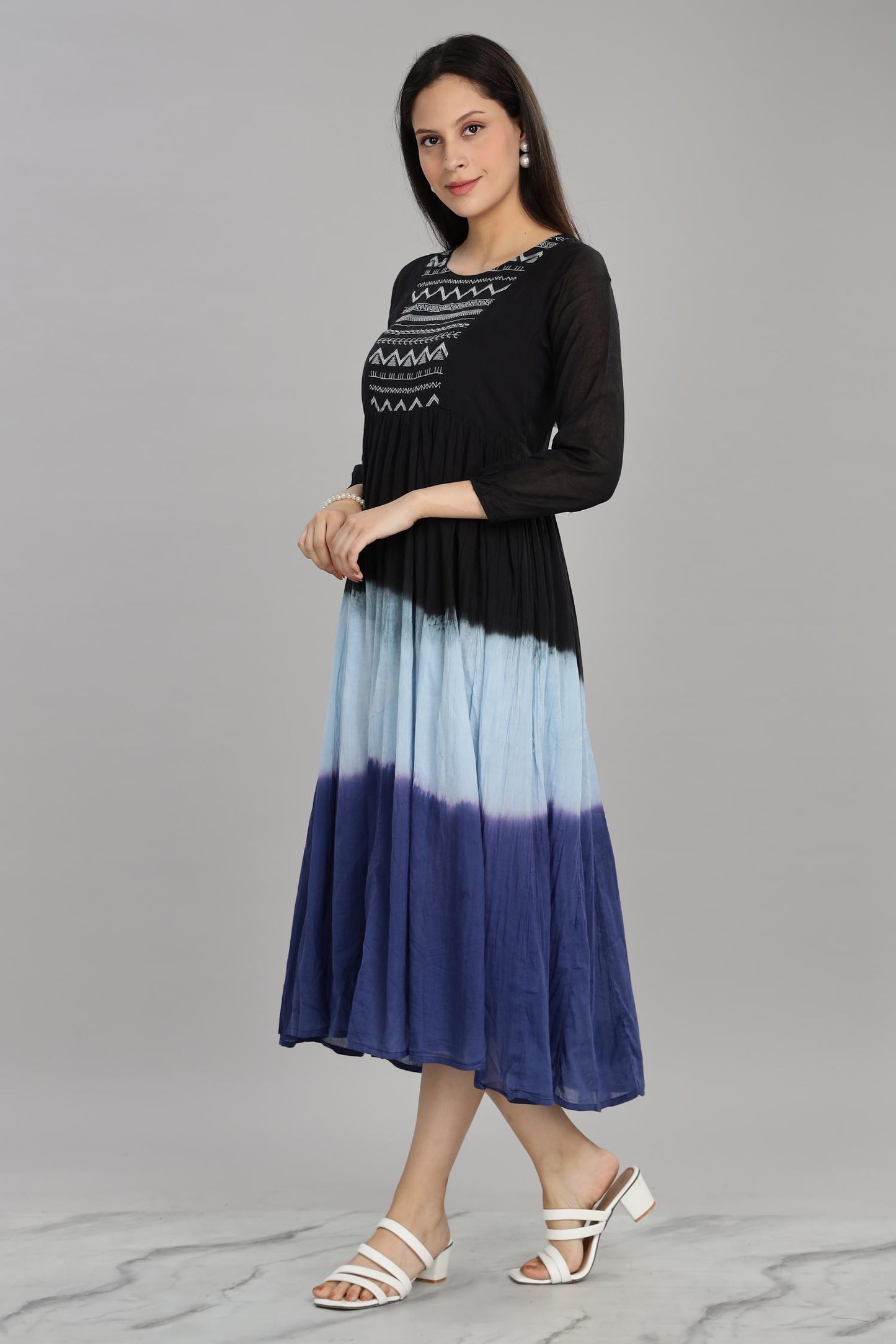 Ombre Blue Cotton Mul Midi Dress