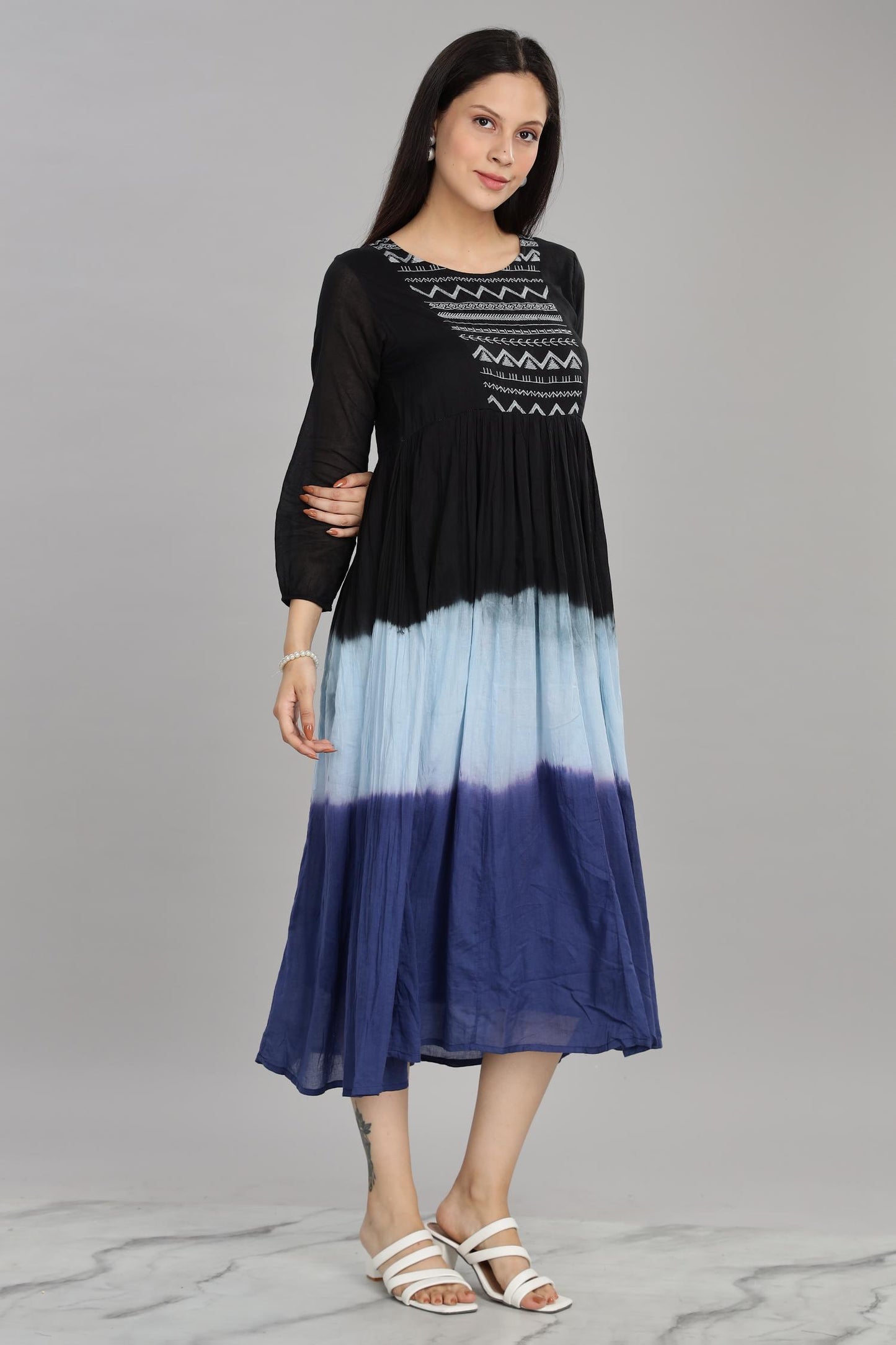 Ombre Blue Cotton Mul Midi Dress