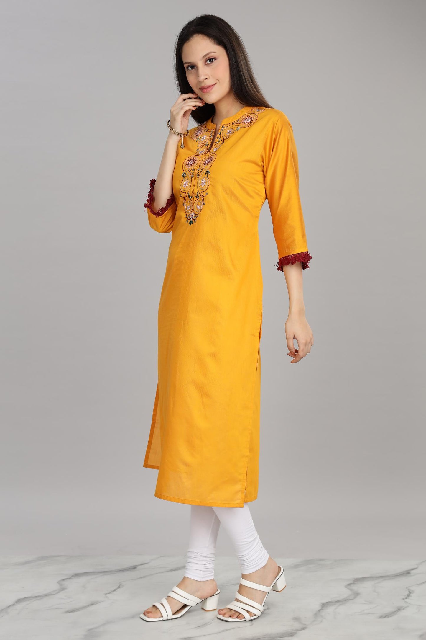 BulBul Women Yellow Embroidered Soft Silk  Mandarin Collar Straight Fit Kurta