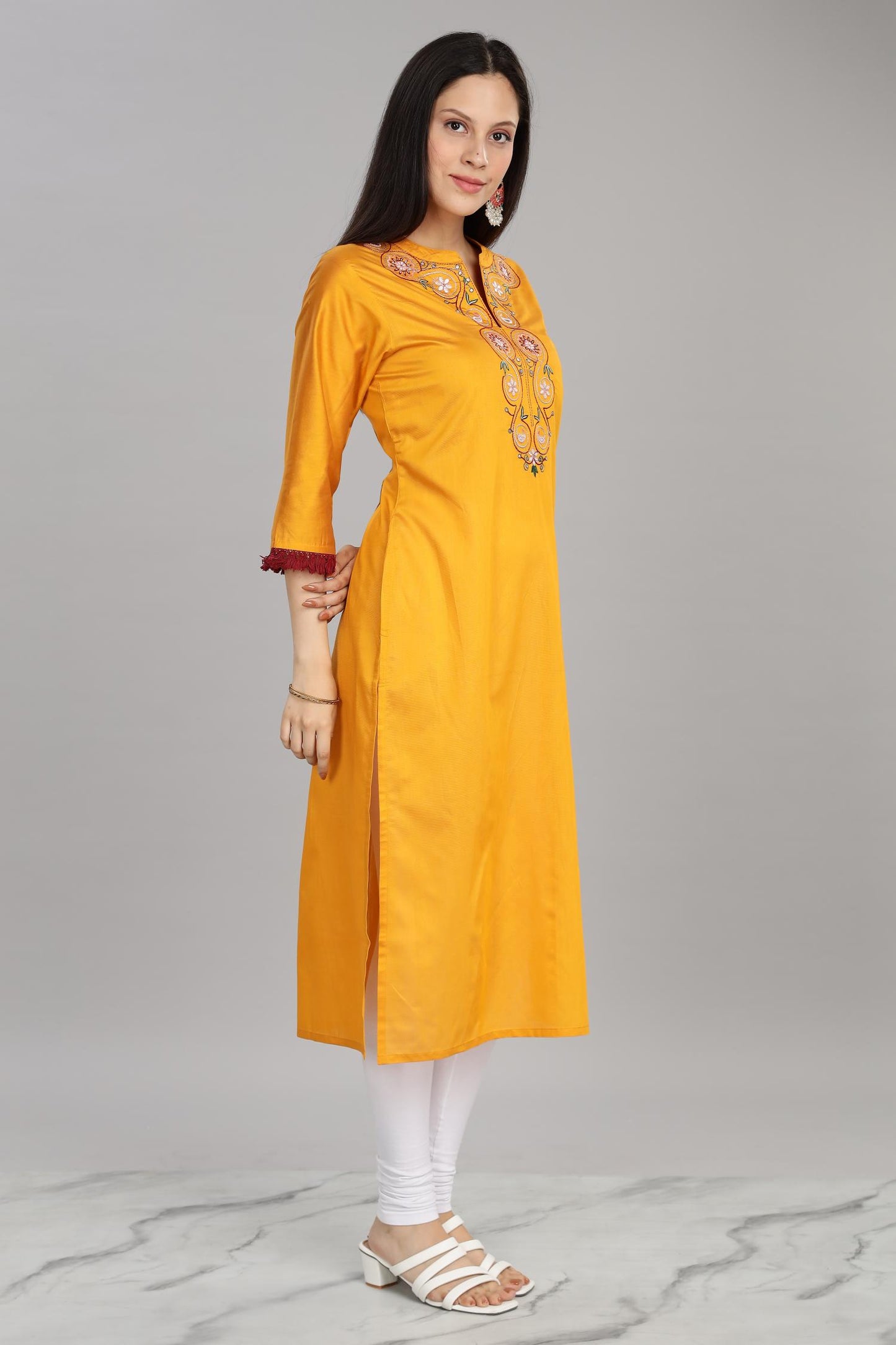BulBul Women Yellow Embroidered Soft Silk  Mandarin Collar Straight Fit Kurta
