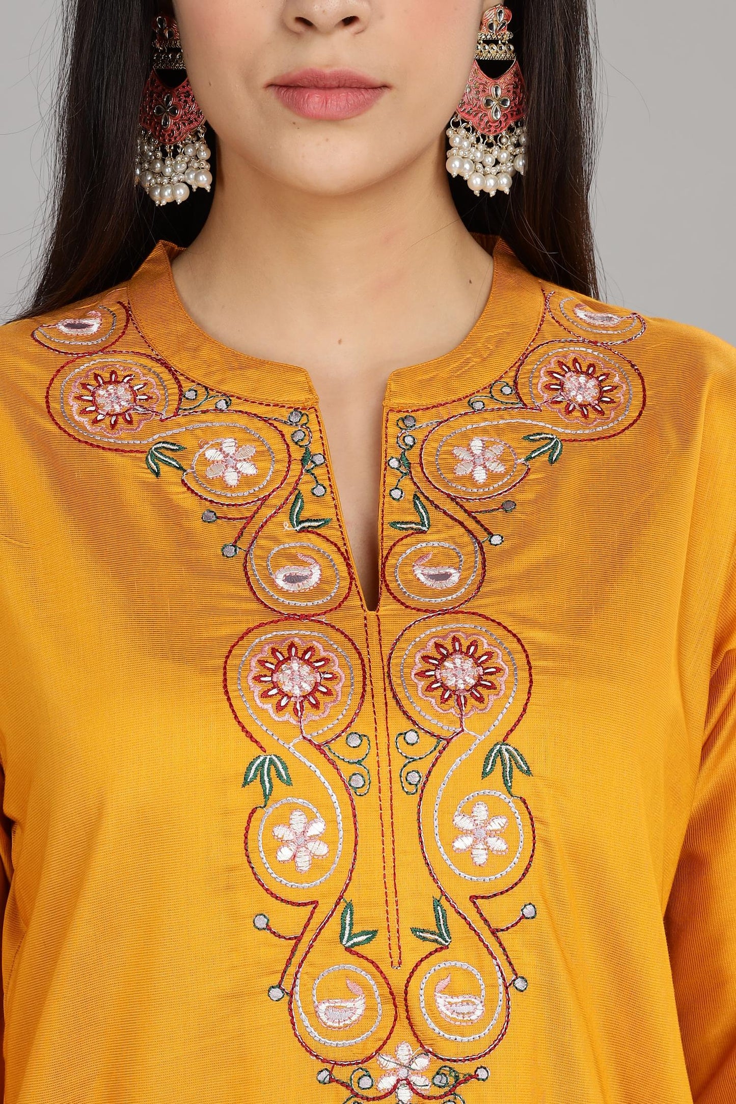 BulBul Women Yellow Embroidered Soft Silk  Mandarin Collar Straight Fit Kurta