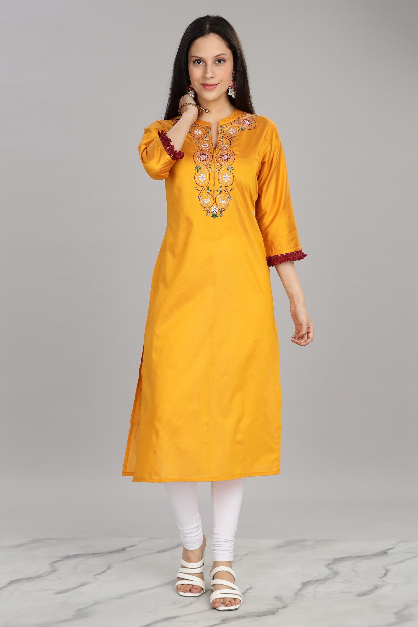 BulBul Women Yellow Embroidered Soft Silk  Mandarin Collar Straight Fit Kurta