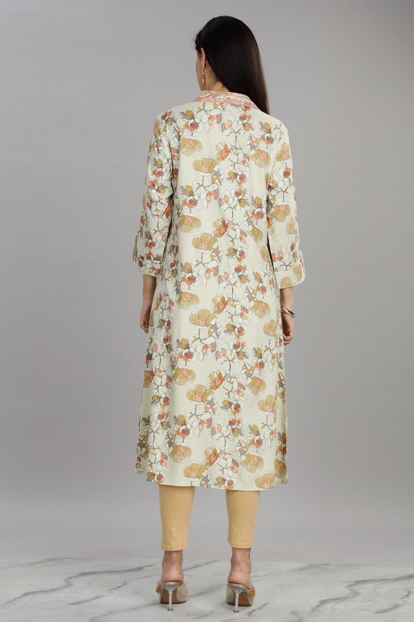 BulBul Women Pista Green Printed Rayon Collared Kurti