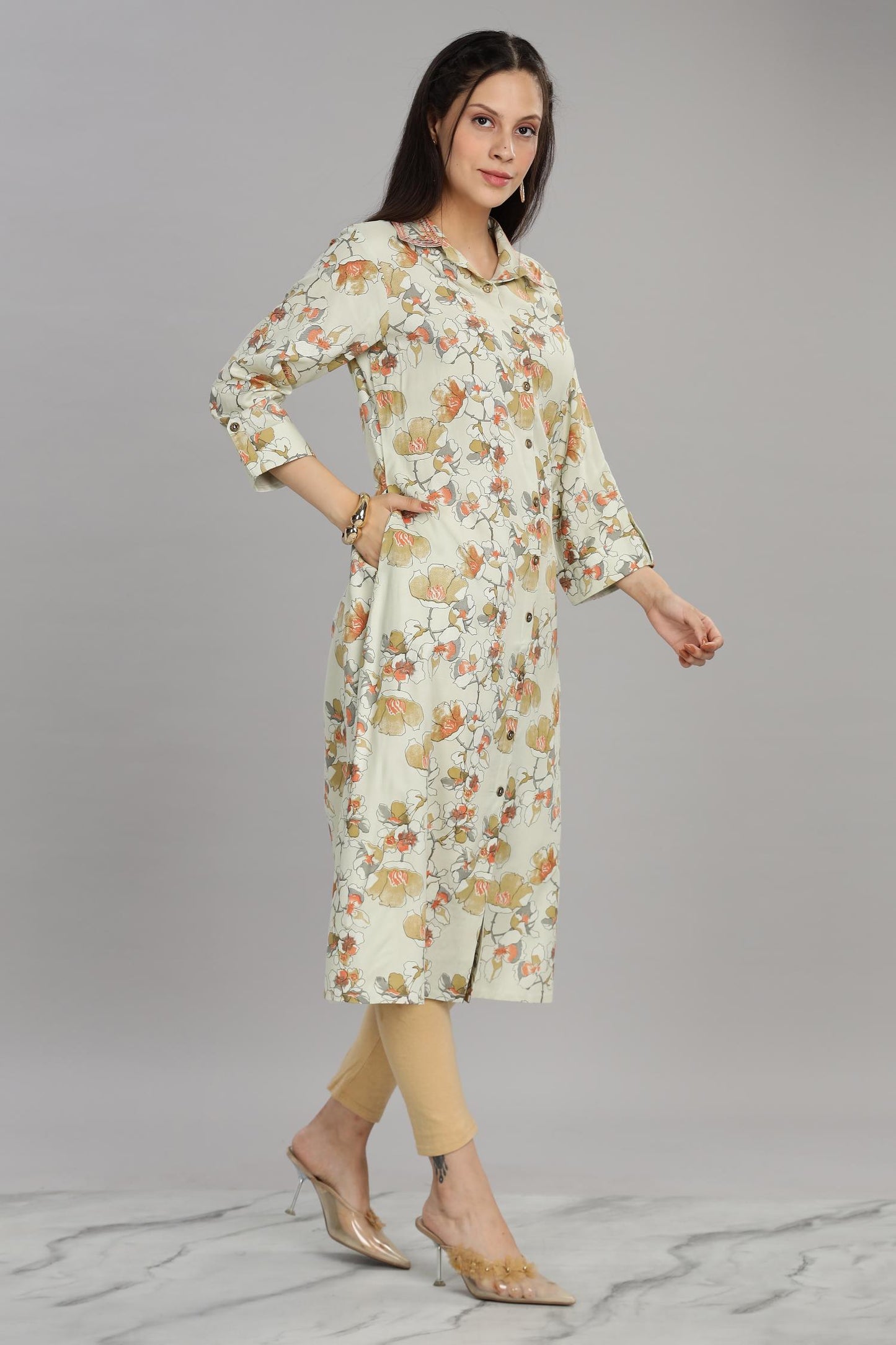 BulBul Women Pista Green Printed Rayon Collared Kurti