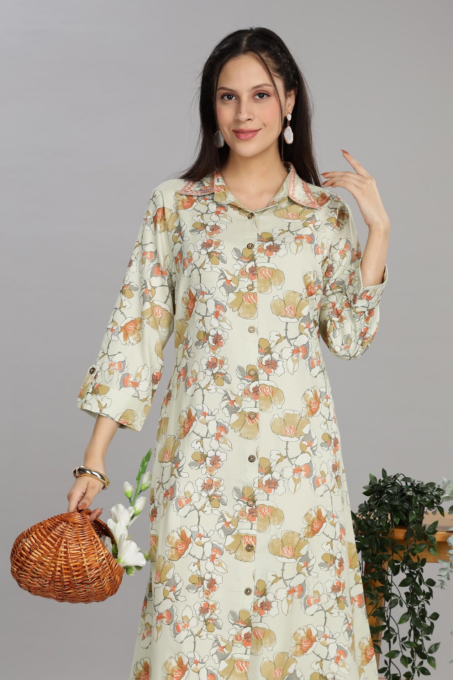 BulBul Women Pista Green Printed Rayon Collared Kurti