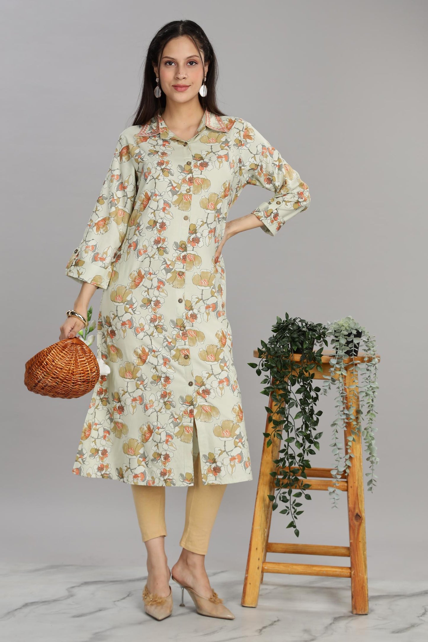 BulBul Women Pista Green Printed Rayon Collared Kurti