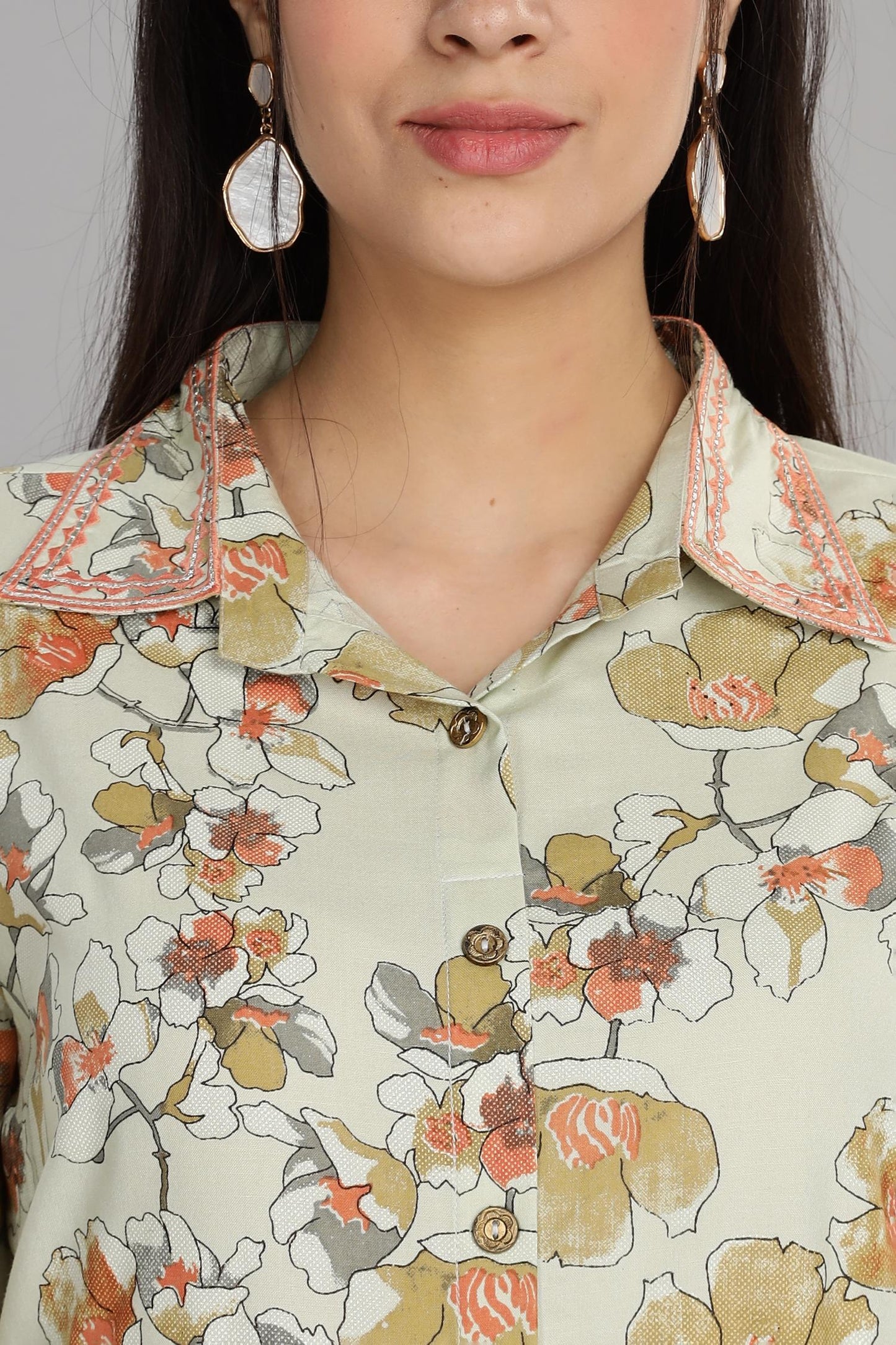 BulBul Women Pista Green Printed Rayon Collared Kurti