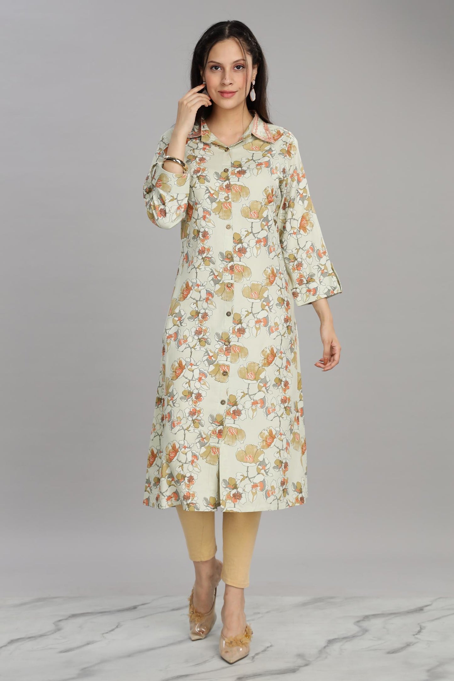 BulBul Women Pista Green Printed Rayon Collared Kurti