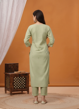 Pista Green Printed Chanderi Silk Kurta Set with Cotton Mul Lining and Zari Embroidered Floral Yoke