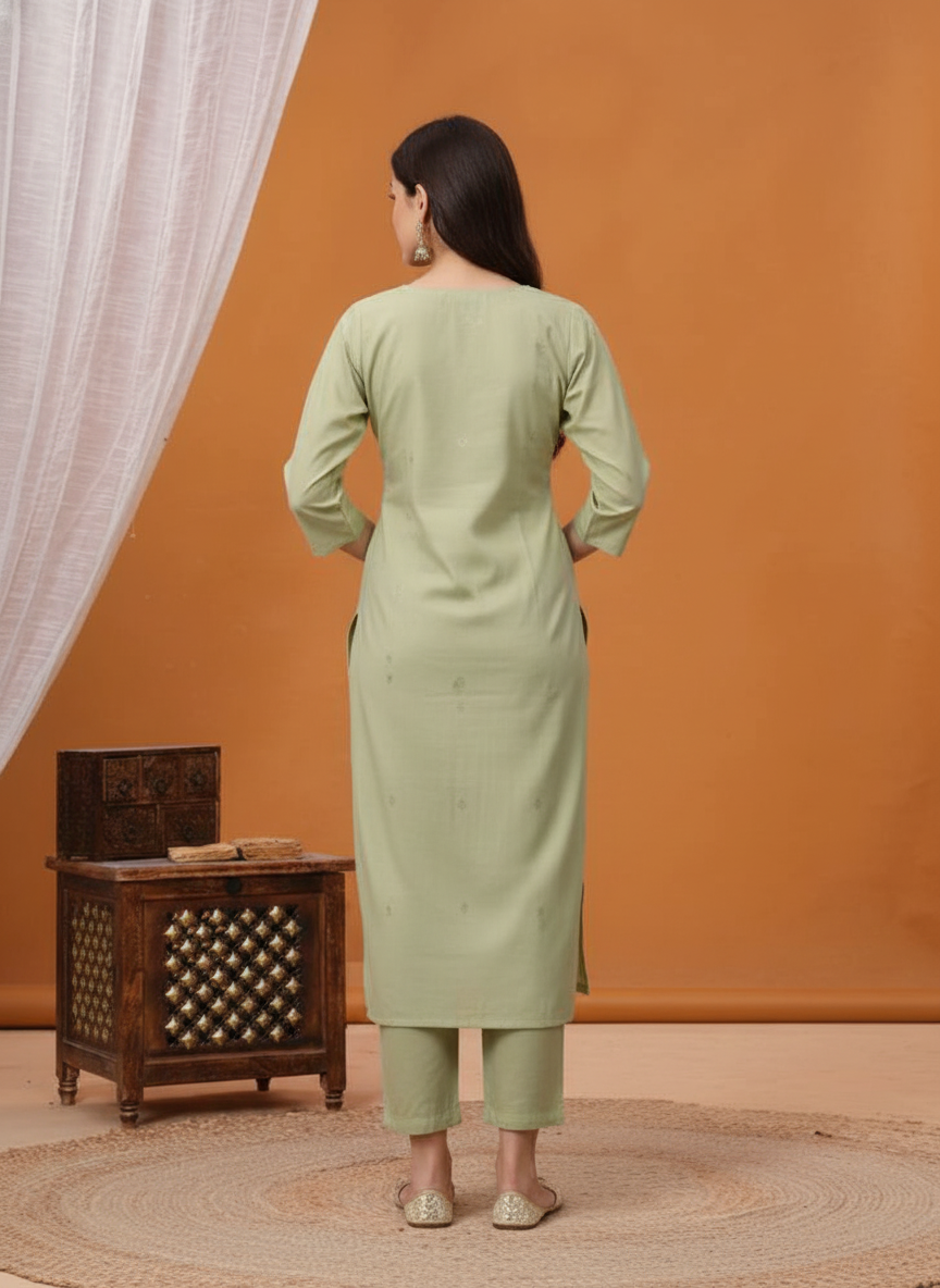 Pista Green Silk Kurta Set with Floral Embroidered Yoke