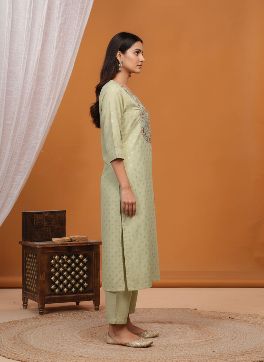 Pista Green Printed Chanderi Silk Kurta Set with Cotton Mul Lining and Zari Embroidered Floral Yoke