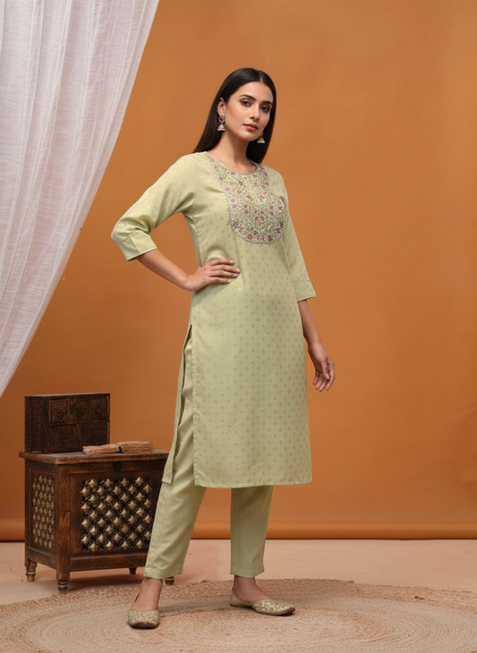Pista Green Printed Chanderi Silk Kurta Set with Cotton Mul Lining and Zari Embroidered Floral Yoke