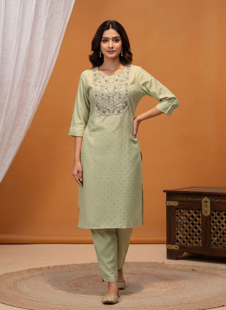 Pista Green Printed Chanderi Silk Kurta Set with Cotton Mul Lining and Zari Embroidered Floral Yoke