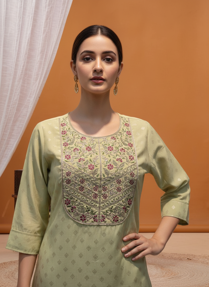 Pista Green Silk Kurta Set with Floral Embroidered Yoke