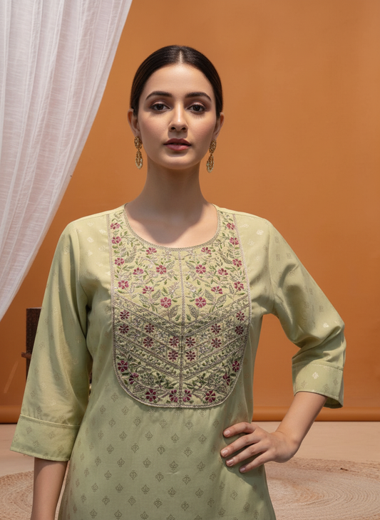 Pista Green Printed Chanderi Silk Kurta Set with Cotton Mul Lining and Zari Embroidered Floral Yoke