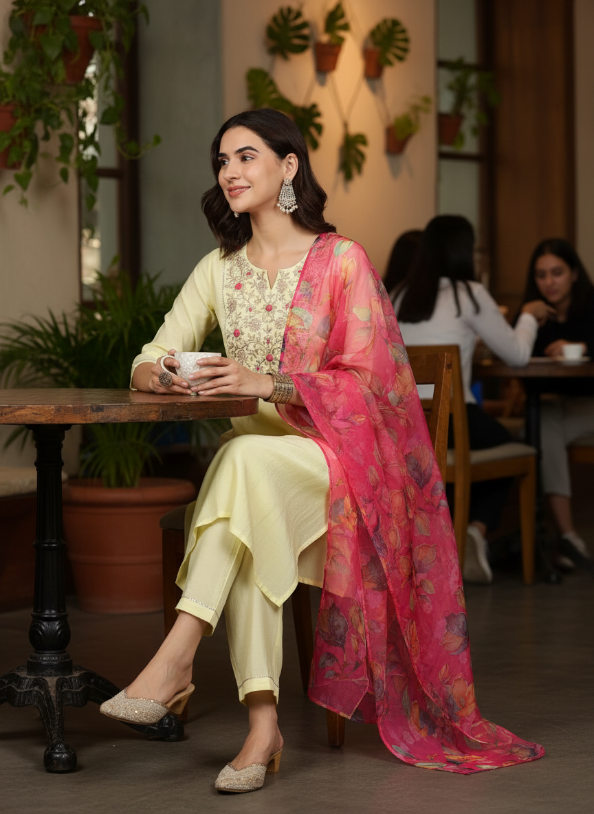 Butter Yellow Chanderi Silk Kurta Set with Resham Zari Floral Embroidered Yoke and Printed Organza Dupatta