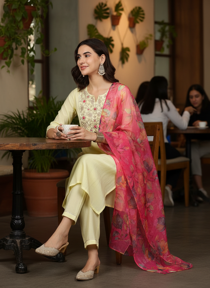 Butter Yellow Chanderi Silk Kurta Set with Resham Zari Floral Embroidered Yoke and Printed Organza Dupatta