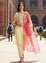 Butter Yellow Chanderi Silk Kurta Set with Resham Zari Floral Embroidered Yoke and Printed Organza Dupatta