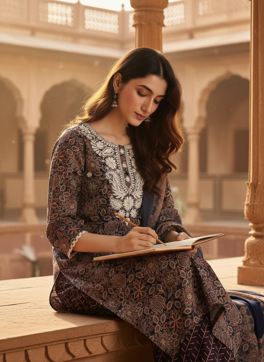 Pure Cotton Navy Floral Indigo Discharge Print Kurta Set with Chikankari Embroidery