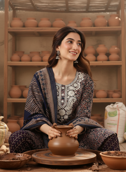 Pure Cotton Navy Floral Indigo Discharge Print Kurta Set with Chikankari Embroidery