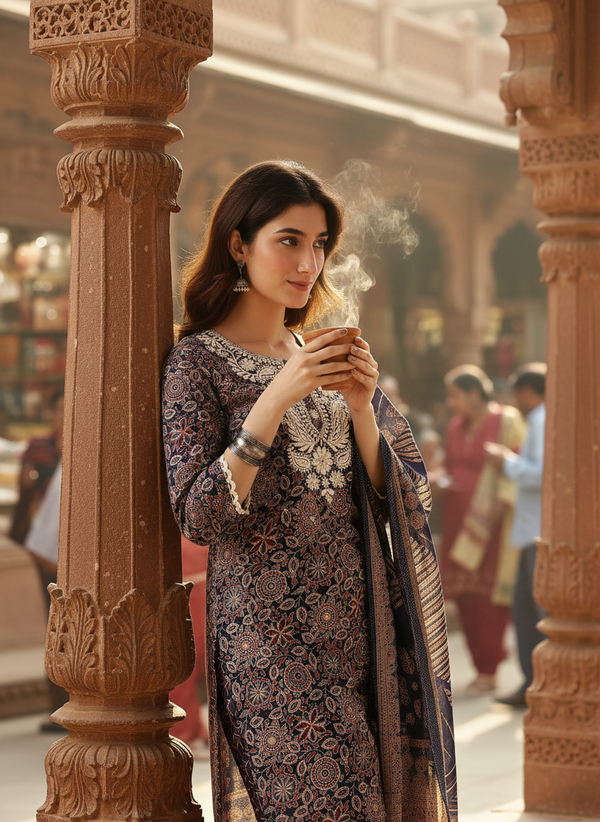 Pure Cotton Navy Floral Indigo Discharge Print Kurta Set with Chikankari Embroidery