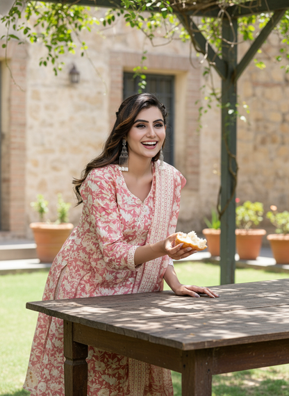 Pure Cotton Red Printed Kurta Set with Floral Sequin Highlights & Dupatta