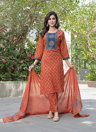 Aaliya Elegance Rust Printed Pure Cotton Kurta Set with Cotton Mul Lining, Embroidered Yoke Featuring Handcrafted Mirror and Bead Work with Dupatta