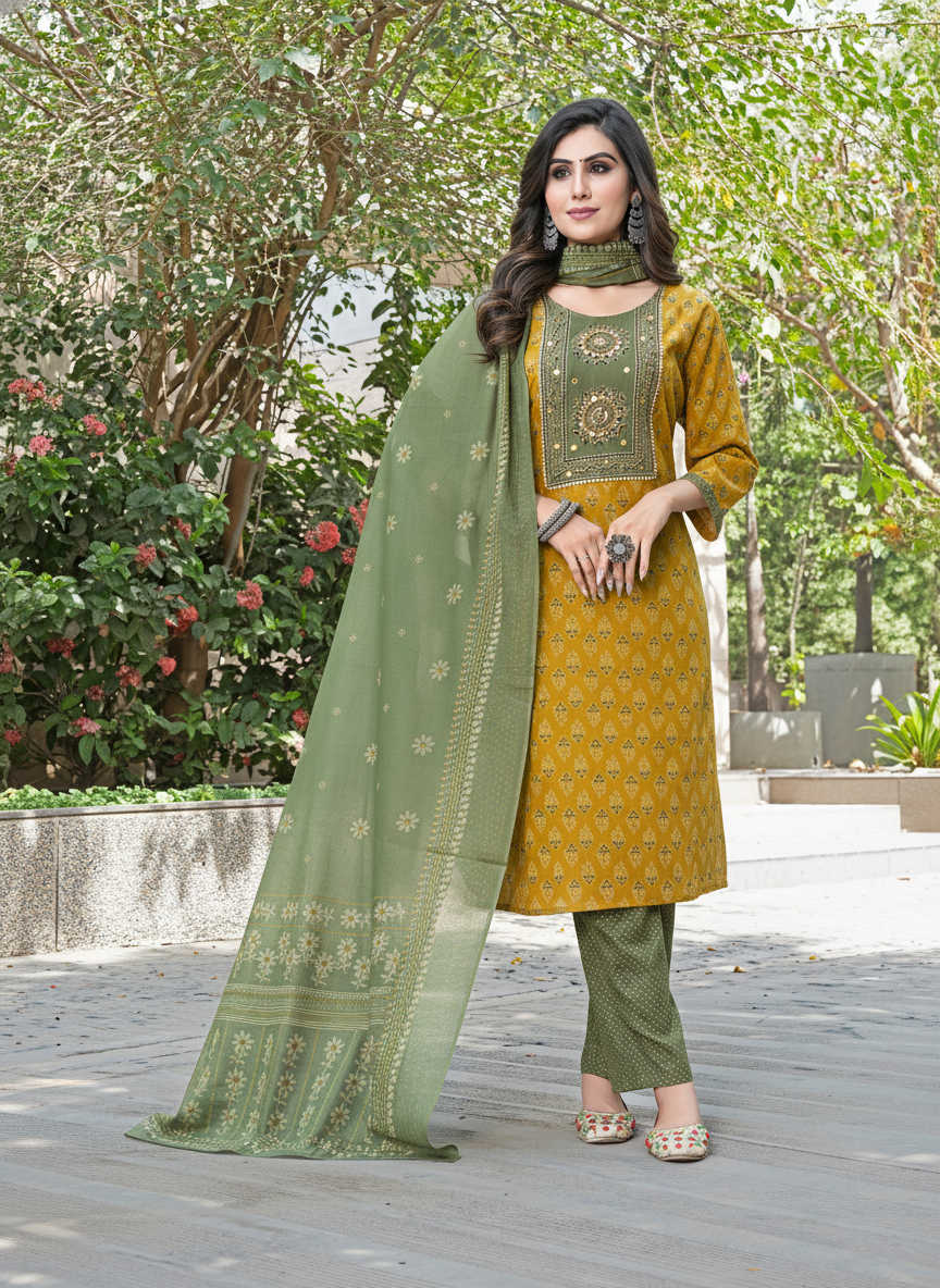 Aaliya Elegance Mustard Printed Pure Cotton Kurta Set with Cotton Mul Lining, Embroidered Yoke Featuring Handcrafted Mirror and Bead Work with Dupatta