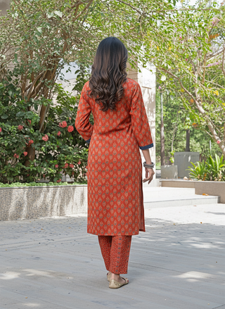 Aaliya Elegance Rust Printed Pure Cotton Kurta Set with Cotton Mul Lining, Embroidered Yoke Featuring Handcrafted Mirror and Bead Work with Dupatta
