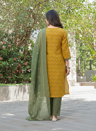 Aaliya Elegance Mustard Printed Pure Cotton Kurta Set with Cotton Mul Lining, Embroidered Yoke Featuring Handcrafted Mirror and Bead Work with Dupatta