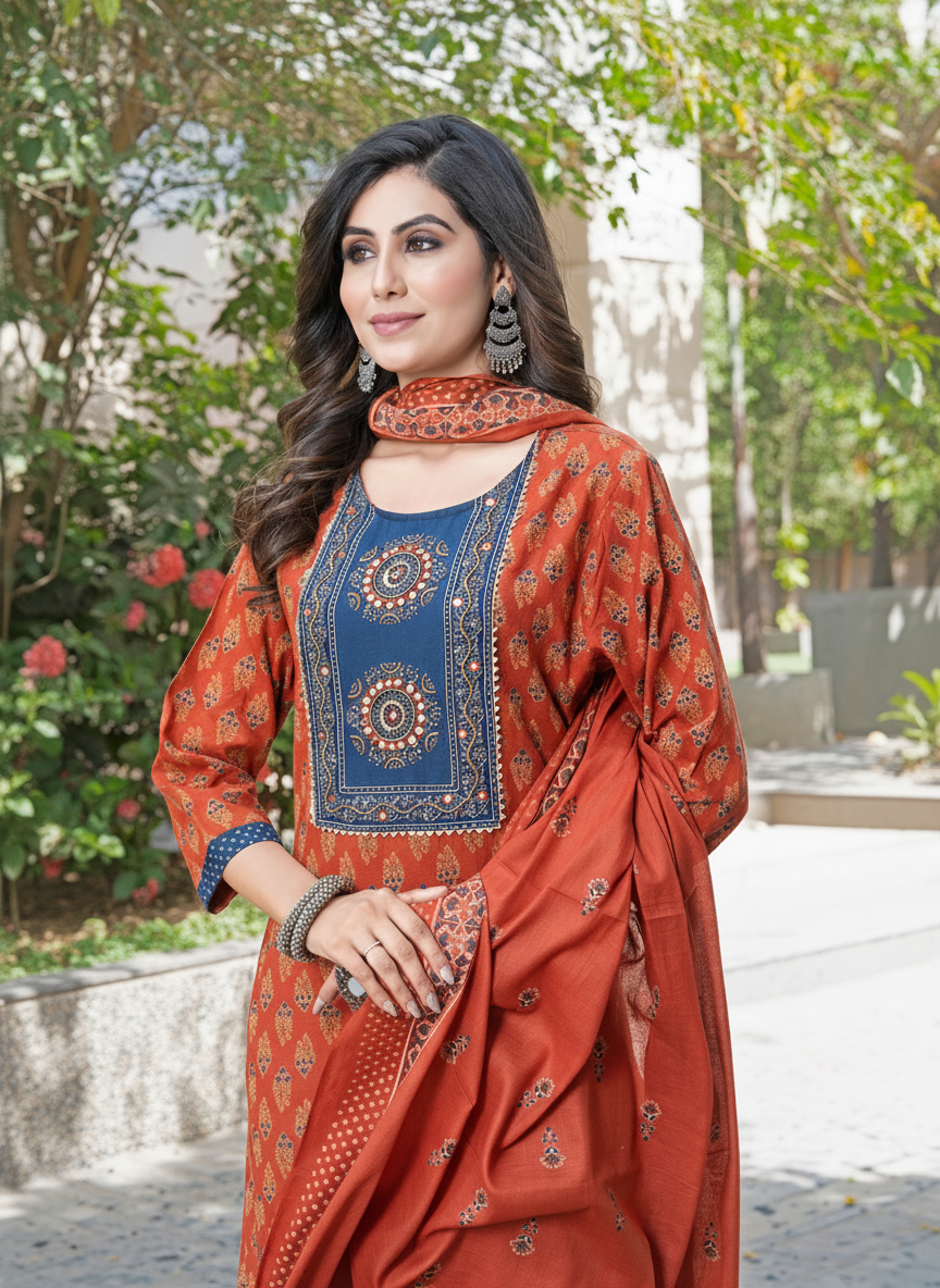 Aaliya Elegance Rust Printed Pure Cotton Kurta Set with Cotton Mul Lining, Embroidered Yoke Featuring Handcrafted Mirror and Bead Work with Dupatta