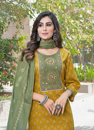 Aaliya Elegance Mustard Printed Pure Cotton Kurta Set with Cotton Mul Lining, Embroidered Yoke Featuring Handcrafted Mirror and Bead Work with Dupatta