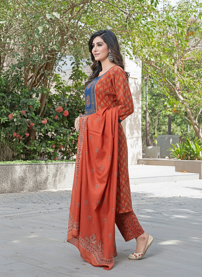 Aaliya Elegance Rust Printed Pure Cotton Kurta Set with Cotton Mul Lining, Embroidered Yoke Featuring Handcrafted Mirror and Bead Work with Dupatta
