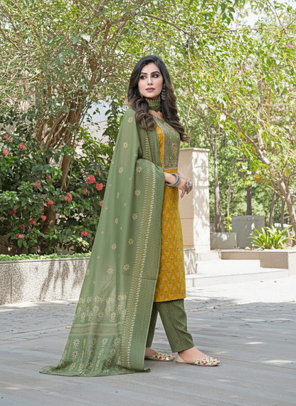 Aaliya Elegance Mustard Printed Pure Cotton Kurta Set with Cotton Mul Lining, Embroidered Yoke Featuring Handcrafted Mirror and Bead Work with Dupatta