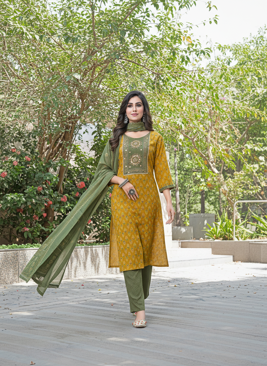 Aaliya Elegance Mustard Printed Pure Cotton Kurta Set with Cotton Mul Lining, Embroidered Yoke Featuring Handcrafted Mirror and Bead Work with Dupatta