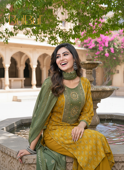 Aaliya Elegance Mustard Printed Pure Cotton Kurta Set with Cotton Mul Lining, Embroidered Yoke Featuring Handcrafted Mirror and Bead Work with Dupatta