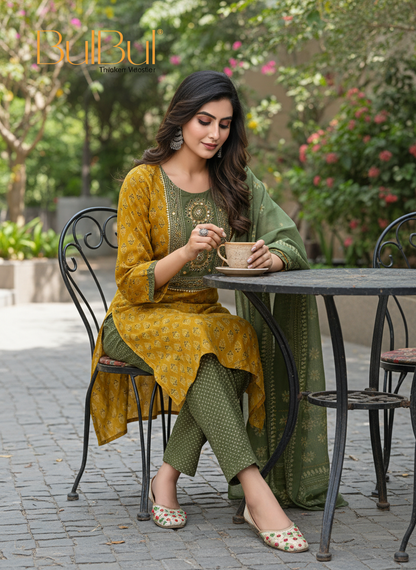 Aaliya Elegance Mustard Printed Pure Cotton Kurta Set with Cotton Mul Lining, Embroidered Yoke Featuring Handcrafted Mirror and Bead Work with Dupatta