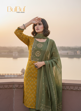 Aaliya Elegance Mustard Printed Pure Cotton Kurta Set with Cotton Mul Lining, Embroidered Yoke Featuring Handcrafted Mirror and Bead Work with Dupatta