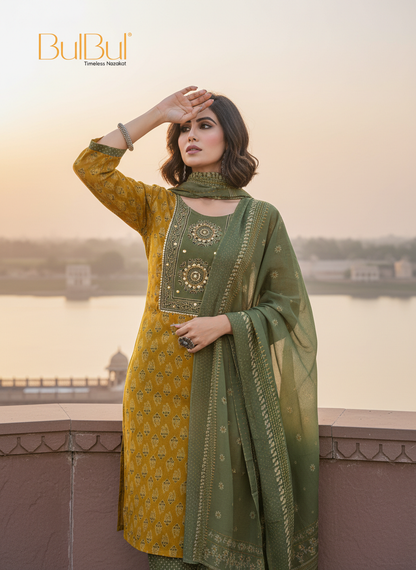 Aaliya Elegance Mustard Printed Pure Cotton Kurta Set with Cotton Mul Lining, Embroidered Yoke Featuring Handcrafted Mirror and Bead Work with Dupatta