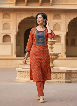 Aaliya Elegance Rust Printed Pure Cotton Kurta Set with Cotton Mul Lining, Embroidered Yoke Featuring Handcrafted Mirror and Bead Work with Dupatta
