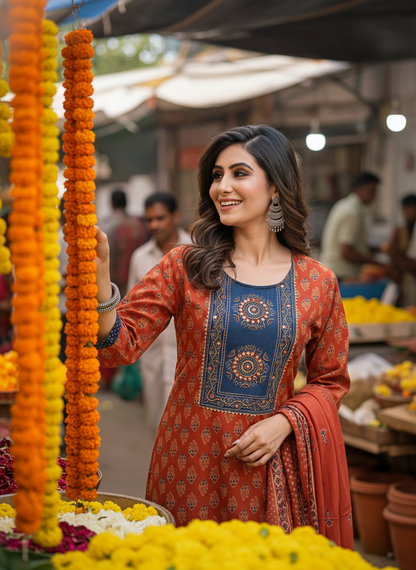 Aaliya Elegance Rust Printed Pure Cotton Kurta Set with Cotton Mul Lining, Embroidered Yoke Featuring Handcrafted Mirror and Bead Work with Dupatta