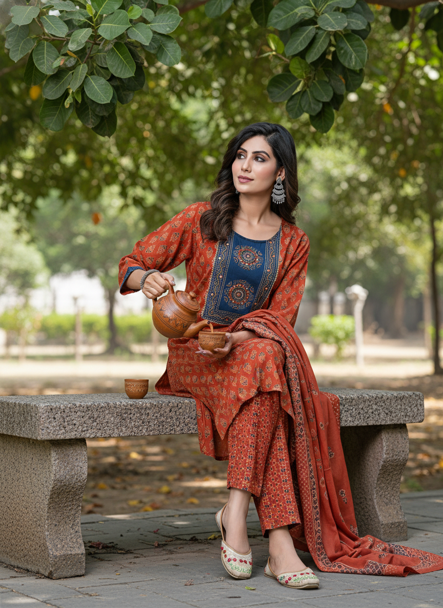 Aaliya Elegance Rust Printed Pure Cotton Kurta Set with Cotton Mul Lining, Embroidered Yoke Featuring Handcrafted Mirror and Bead Work with Dupatta