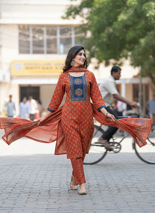 Aaliya Elegance Rust Printed Pure Cotton Kurta Set with Cotton Mul Lining, Embroidered Yoke Featuring Handcrafted Mirror and Bead Work with Dupatta