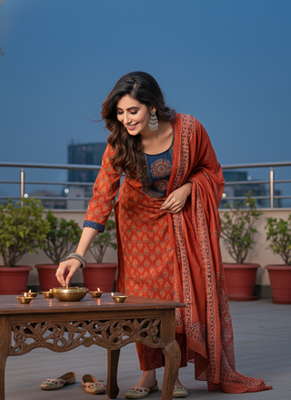 Aaliya Elegance Rust Printed Pure Cotton Kurta Set with Cotton Mul Lining, Embroidered Yoke Featuring Handcrafted Mirror and Bead Work with Dupatta