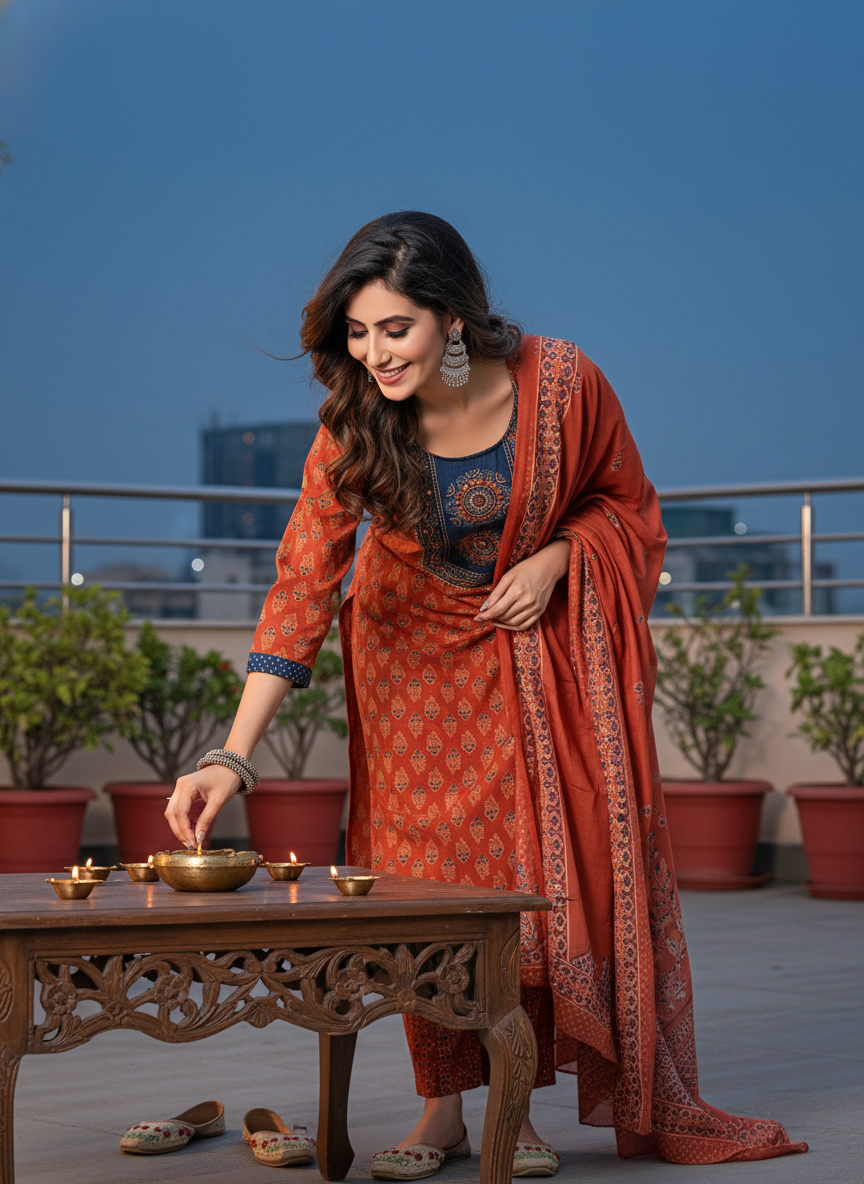 Aaliya Elegance Rust Printed Pure Cotton Kurta Set with Cotton Mul Lining, Embroidered Yoke Featuring Handcrafted Mirror and Bead Work with Dupatta