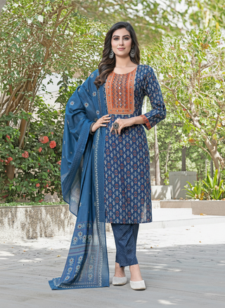 Aaliya Navy Printed Pure Cotton Kurta Set with Cotton Mul Lining, Intricate Yoke Design Featuring Handcrafted Mirror, Sequin and Bead Work with Dupatta